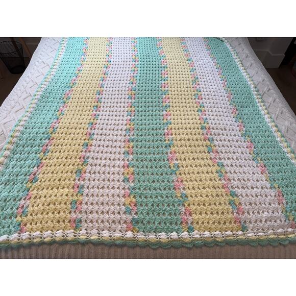 Handmade Pastel Crochet Baby Blanket 42x53, Soft Vintage Style Afghan - Picture 3 of 16